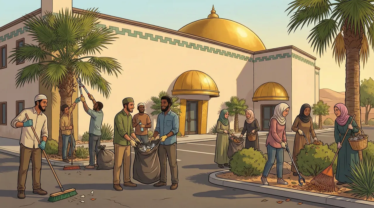 Community volunteers cleaning outside the masjid